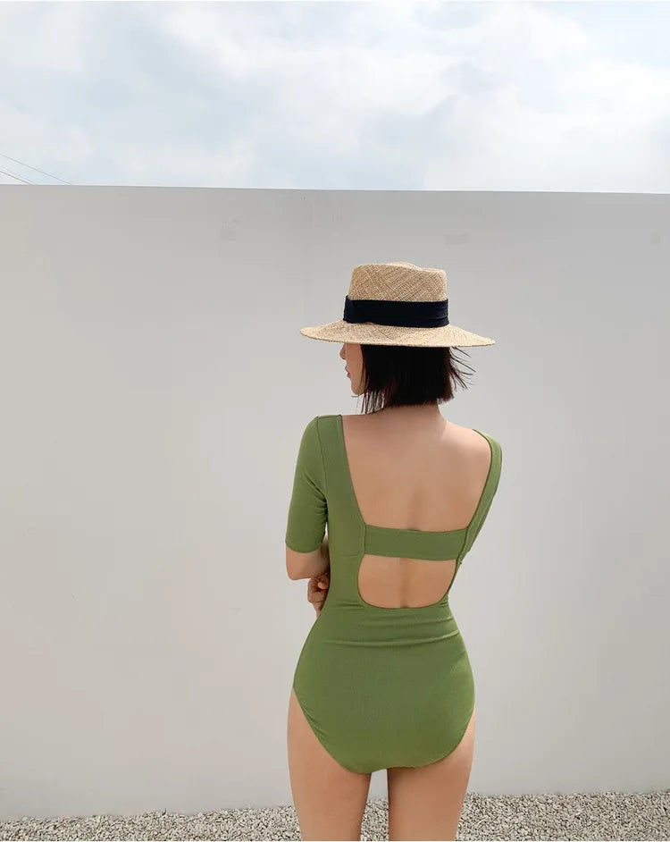 New Korea Sexy Mesh Cut Hollow Out High Waist Swimsuit Lady Monokini One Piece Swimwear Women Swim Bath Suit