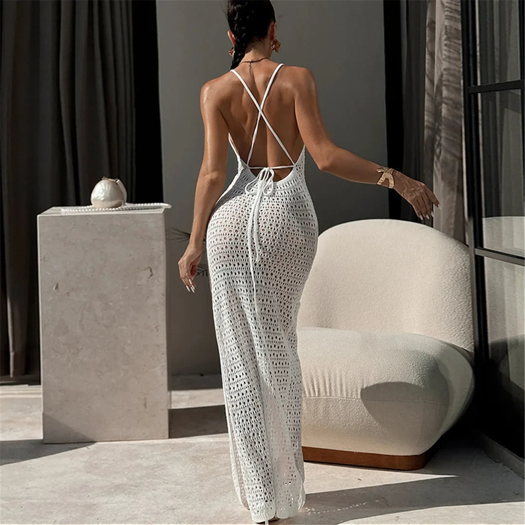 2026 Hollow Out Cross Back Crochet Knitted Tunic Beach Cover Up Cover-ups Beach Dress Beach Wear Beachwear Female Women V7505
