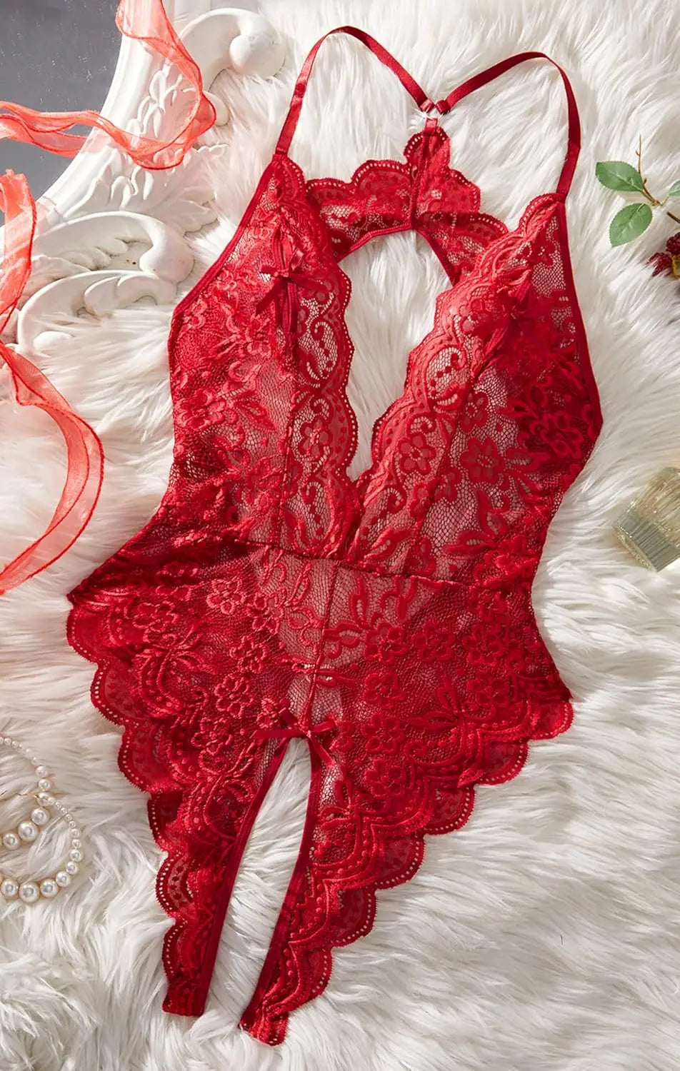 Women Sexy Lace Teddy Lingerie Deep V Mesh Sheer Bodysuit Backless Crotchless One Piece Babydoll Nightwear