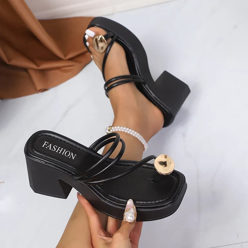 Metal Decor Clip Toe High Heeled Sandals Women Summer Slip On Thick Heel Sandles Woman Plus Size 42 Chunky Platform Slippers