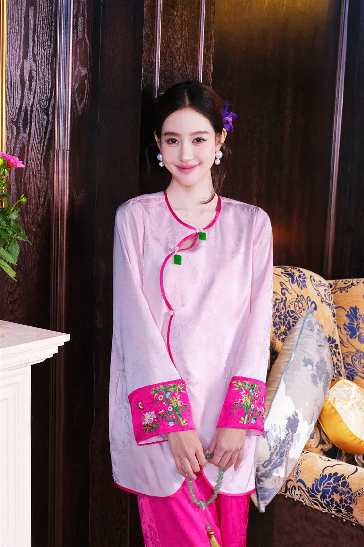 New Chinese style pajamas with breast pads, simulated silk, ice silk home wear, satin jacquard pajamas set