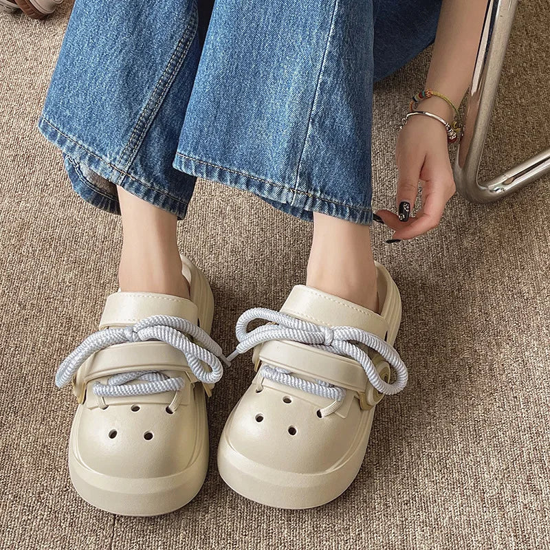 Women Summer Sandals Lace-up Style 2 Way to Wear Couples Fashion Platform Clogs Soft EVA Thick Sole Men Beach Street Slippers
