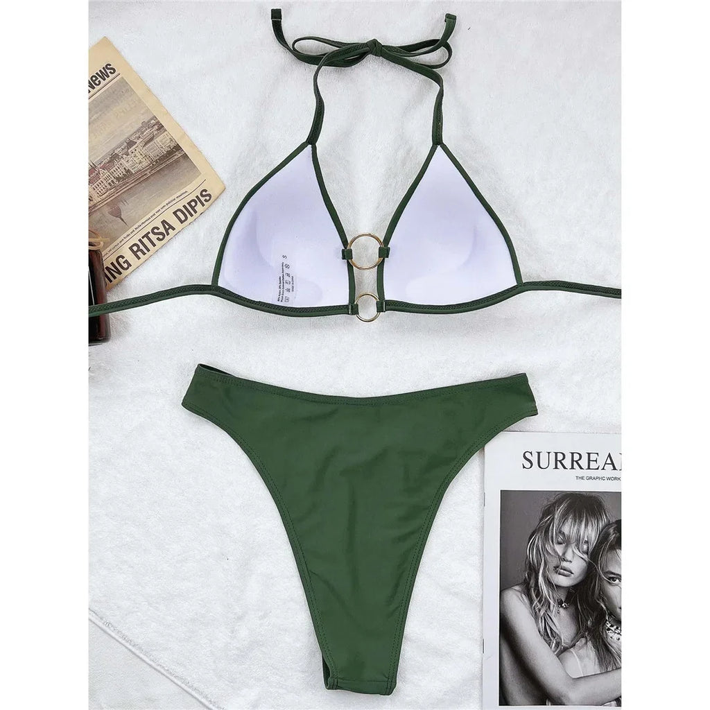 Sexy Halter Bikini Push Up Swimsuit Female Swimwear Women Two-Pieces Bikini Set With Bra Cup Bather Bathing Suit Swim Lady V3433