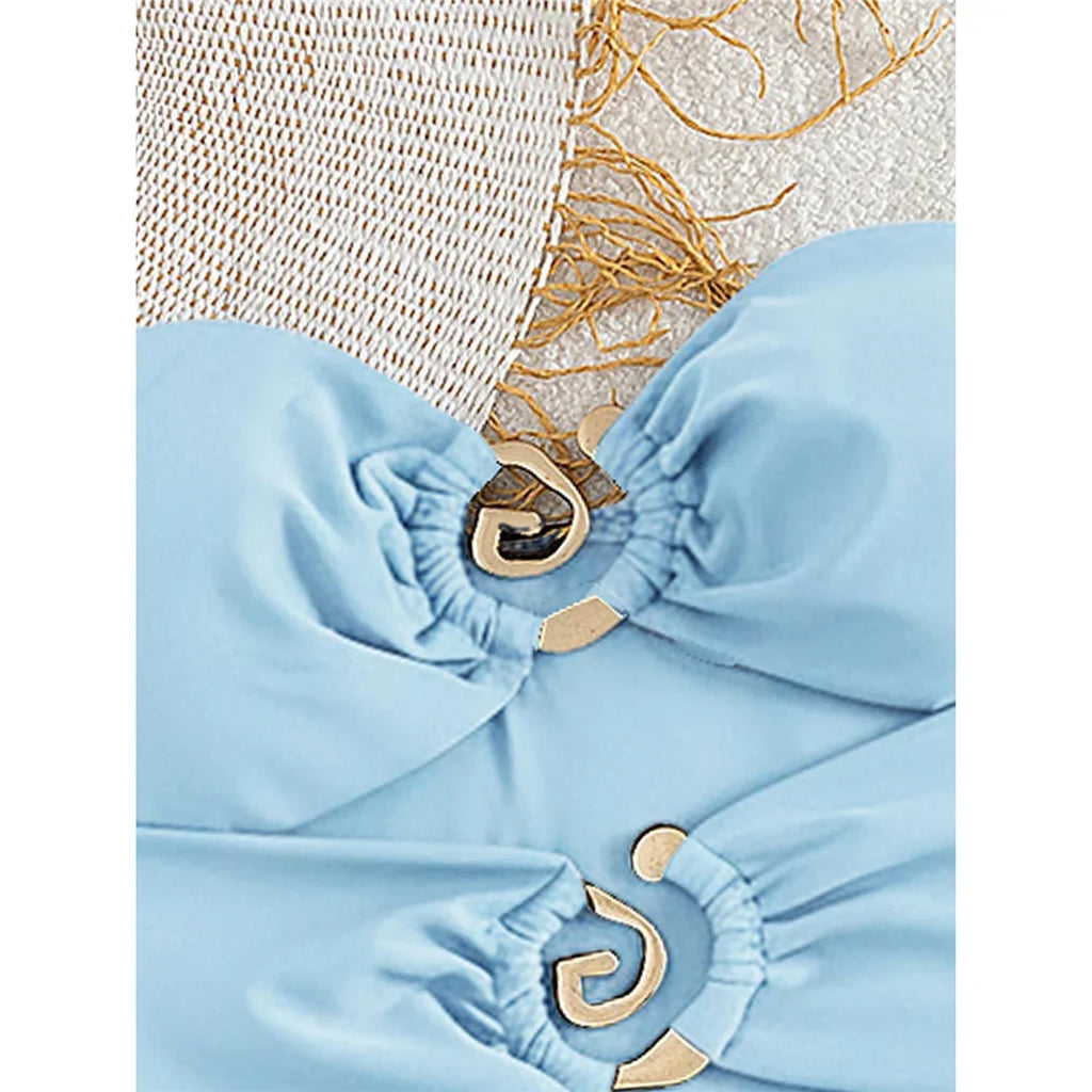 XS - L 6 Colors One Piece Swimsuit Female With Skirt Cut Out Women Swimwear Bandeau Metal Ring Bather Bathing Suit Swim V8108