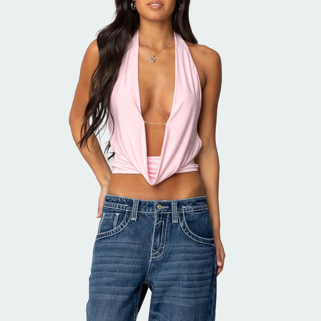 Women's Solid Color Cropped Halter Neck Cami Tops Sleeveless Open Back Deep V Neck Slim Fit Tank Tops
