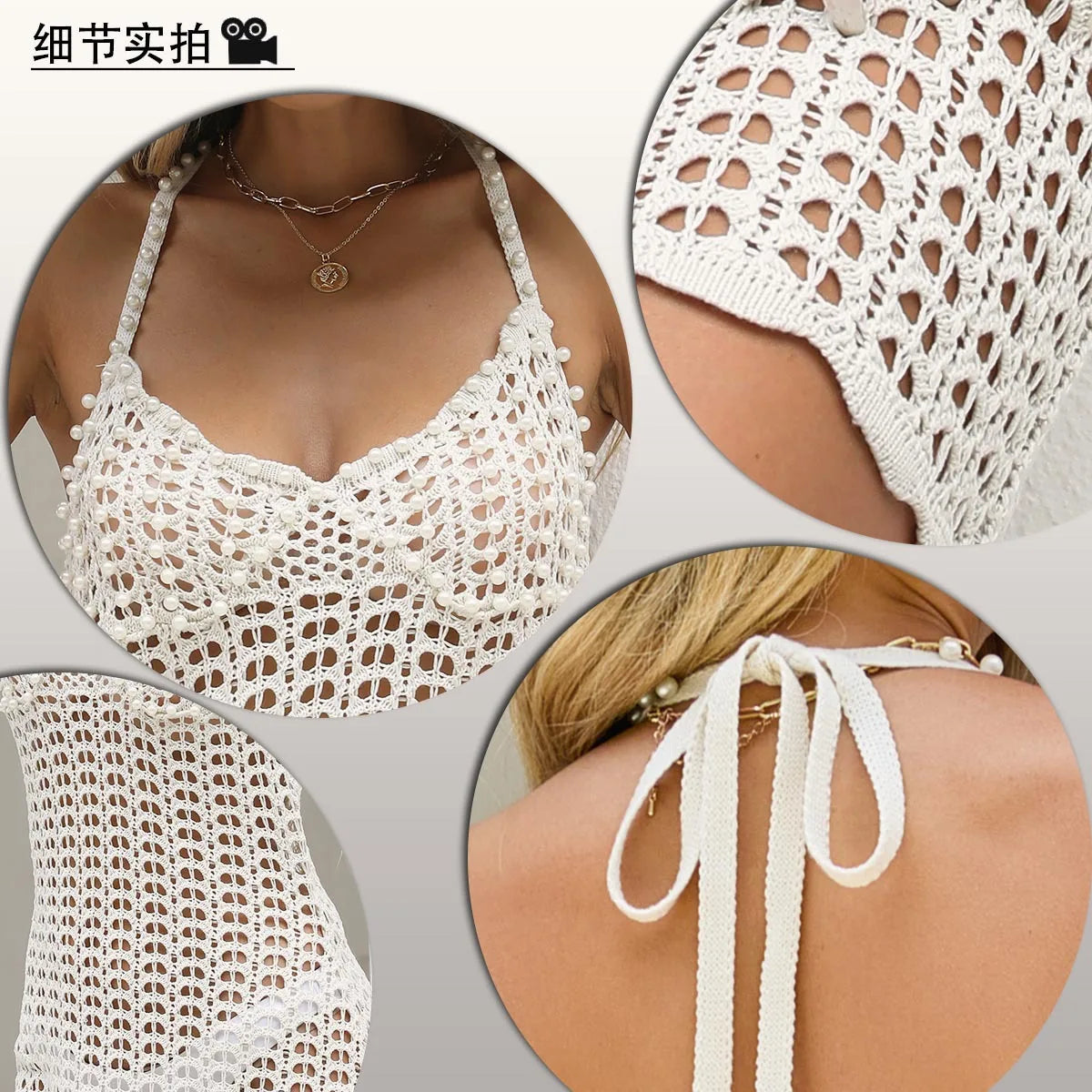 2025 Cross-border Beach Dress Pearl Bead Hollow Dress Suspender Sexy Blouse Summer Dress Women Clothing Maxi Dresses for Women