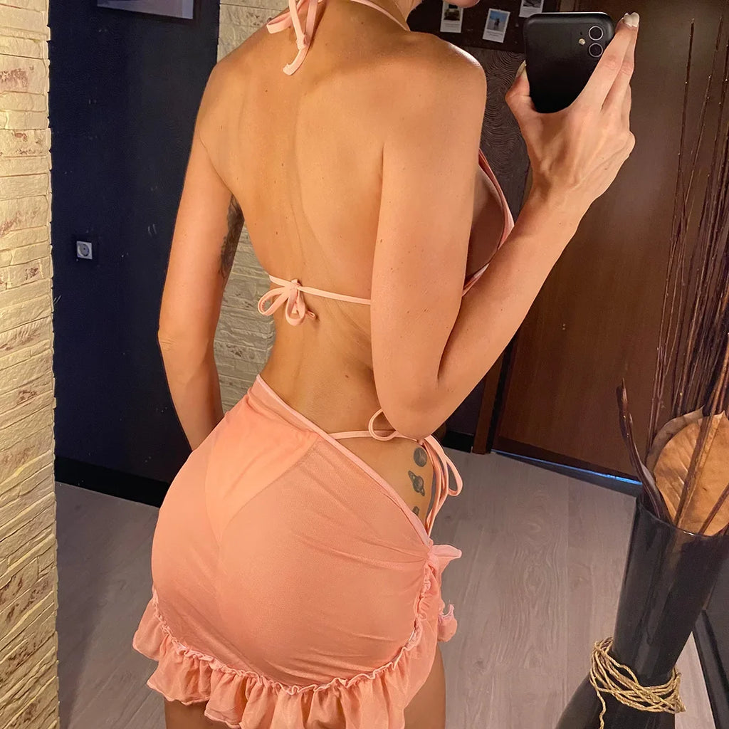 New With Sarong Halter Ruffled Bikini Women Swimwear Female Swimsuit Three-pieces Bikini Set Bather Bathing Suit Swim Lady V4144