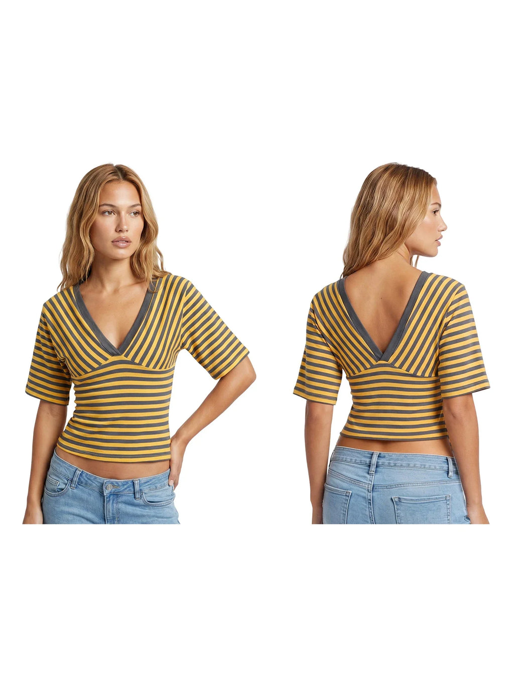 Womens Striped T-shirt Deep V Neck Short Elbow Sleeve Corset Tops 2026 Summer Casual Retro Stylish Shirts
