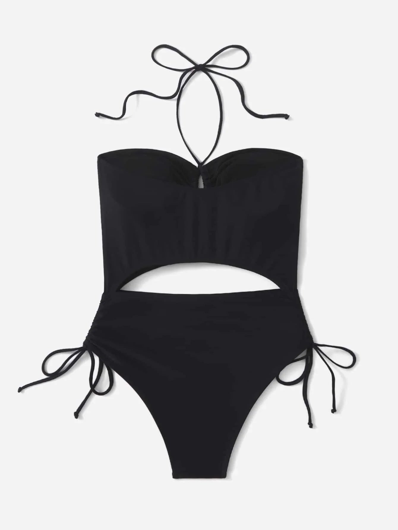 2026 Drawstring Swimsuit Solid Cut Out Knot Halter One Piece Swimwear Women Padded Bathing Suit Female Swimming Summer Beachwear