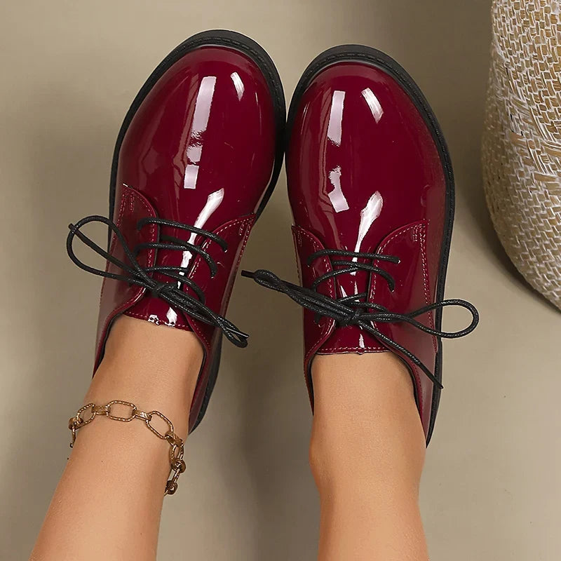 Pink Patent Leather Oxford Shoes Women Fashion Lace Up Pointed Toe Med Heel Pumps Woman Plus Size 43 Thick Heels Office Shoes