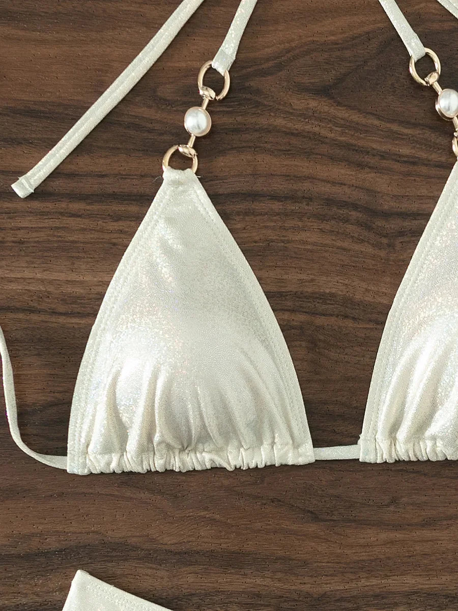 Shiny Sparkling Halter Pearls Bikini Women Swimwear Female Swimsuit Two-pieces Bikini set Hollow Out Bather Bathing Suit Swim