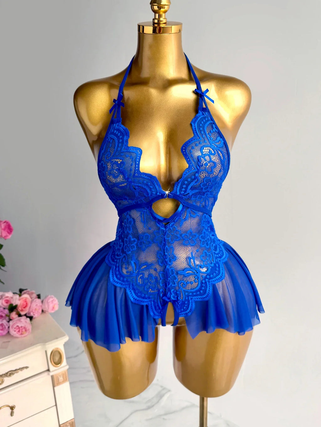 Elegant Lace Halter Neck Teddy Bodysuit With Bow Detail And Ruffled Hem Sexy Women's Lingerie