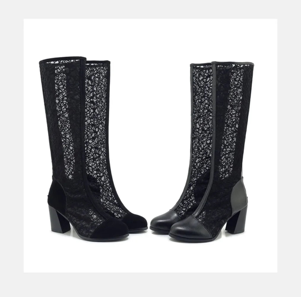 Sexy Women Knee High Boots Square Heel Punk Lace Mesh Boots Gladiator Cool Boots Breathable Women's Sandals Botas De Mujer New