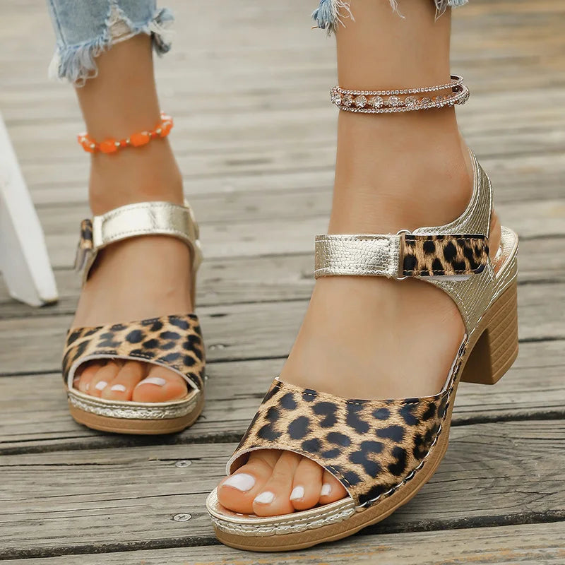 Lightweight Leopard Print Thick Heel Sandals Women Summer High Heels Platform Sandles Woman Ankle Strap Non Slip Beach Sandalias