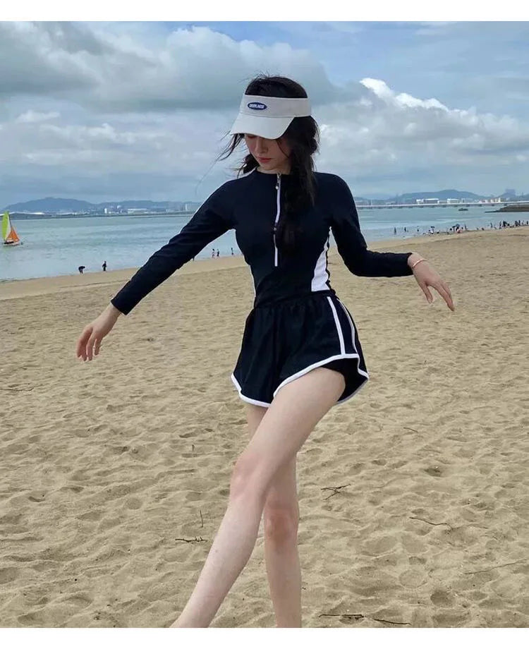 New Women's Swimsuit, One-piece Coverage Slimming Effect  Conservative Sports Style Hot Spring Flat Leg Pants Swimsuit Plus Size
