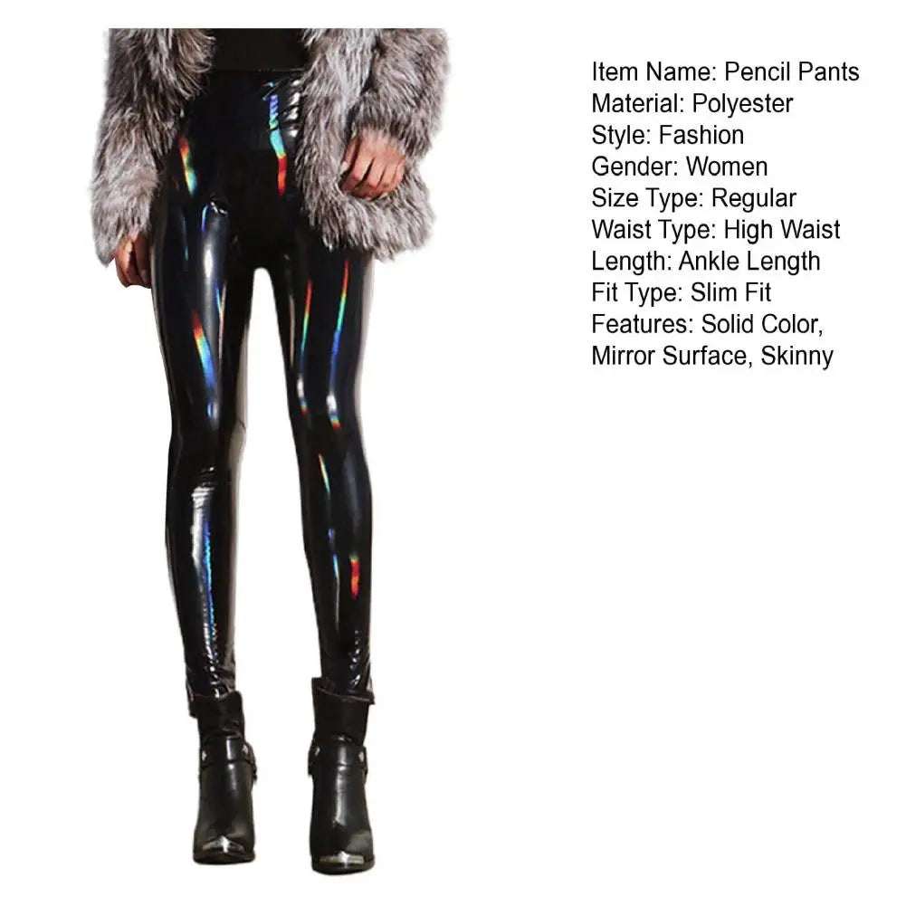 Sexy Nightclub Pants Women Faux Leather Pencil Pants Solid Color High Waist Mirror Surface Solid Color Shinny Slim Trousers