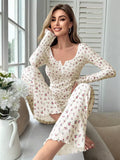 Spring Summer Sleepwear Women's Pajamas Floral Print Lettuce Trim Pajamas Set Tops and Long Trousers Loungewear Nightwear