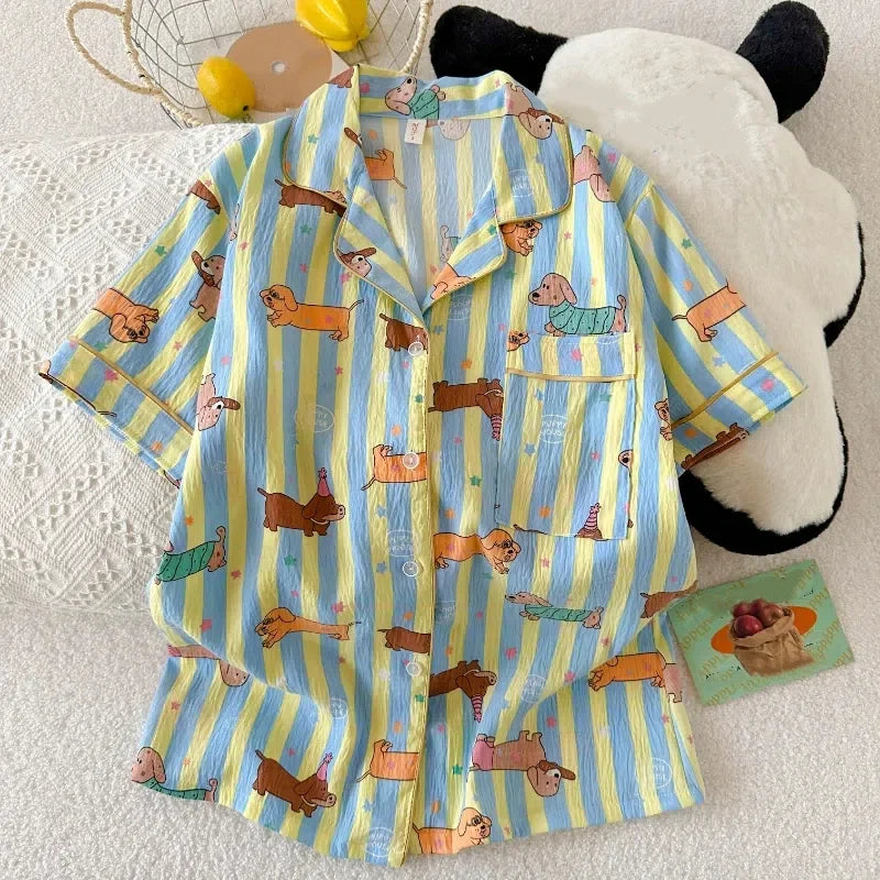 Star Striped Dog Print Kawaii Pajamas for Women Y2K Fashion Lapel Neck Women's Pajamas Summer New Sweet Cute Home Wear Woman