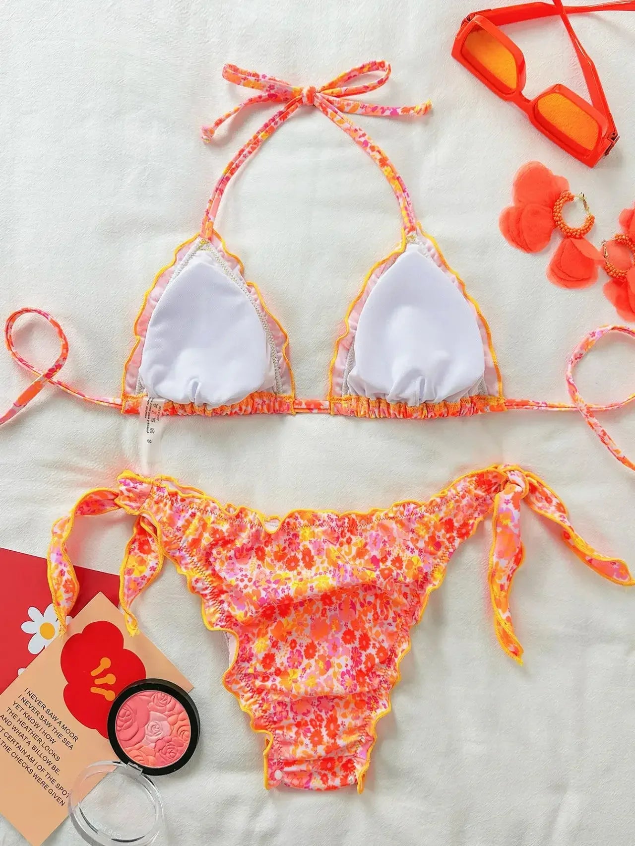 Women Cute Bikini Set 2025 New Summer Orange Floral Print Halter Ruffles Push Up Tie Side Thong Swimsuit Bathing Suit