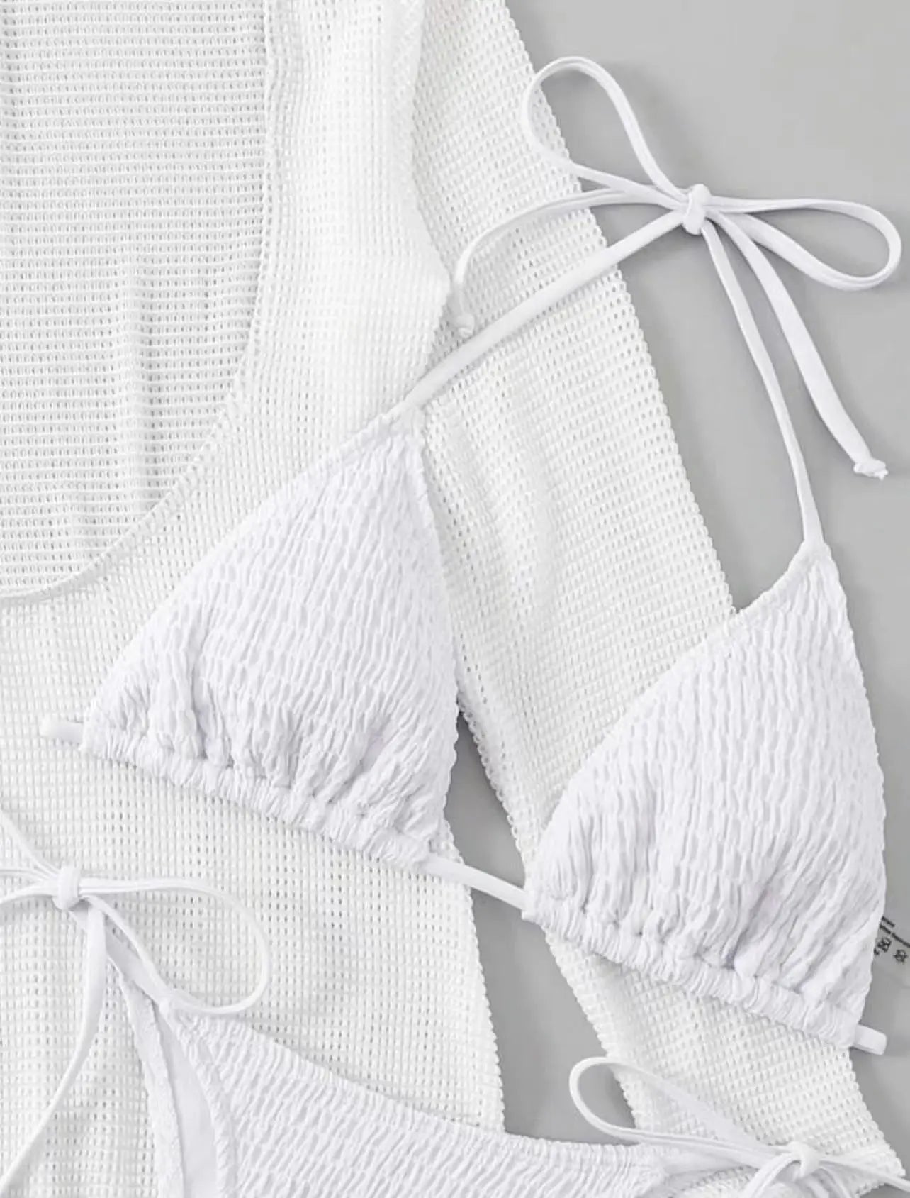 2026 Beach Skirt Swimsuit Women White Three-Piece Bikini Sexy Mesh Long Sleeve Hollow Out Bathing Suit Swimwear Summer Beachwear