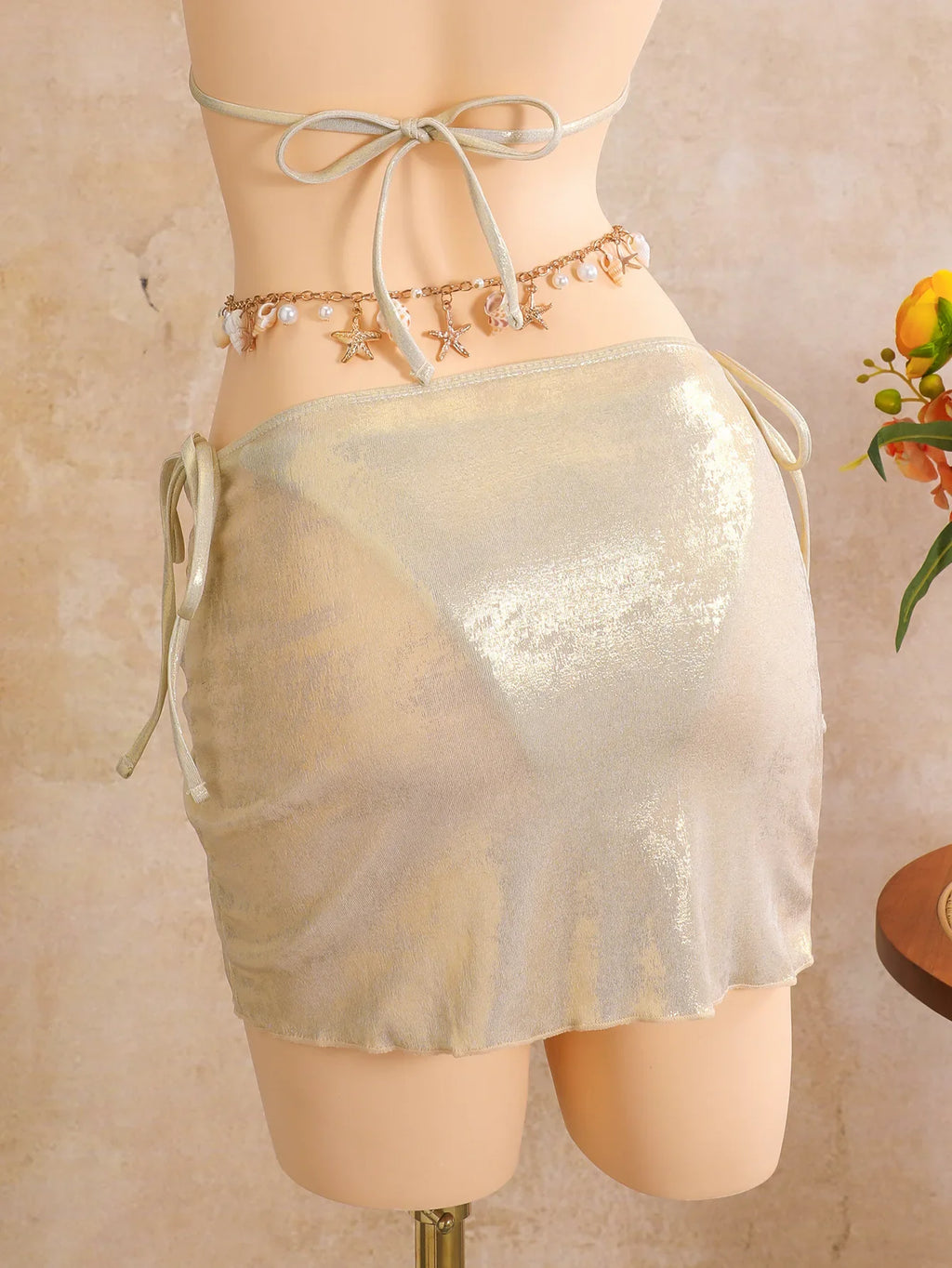 Women embroidery flower glitter metallic bikinis sets 3pcs with split mini skirt swimsuit bathing suit beach outfits biquini