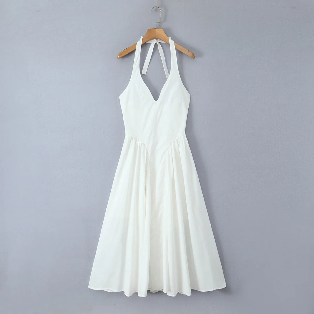 Foridol Summer Spring White Cotton Women's Dress Backless Halter Midi Party Dresses Elegant Vinatge A-line Vestidos 2025 New In