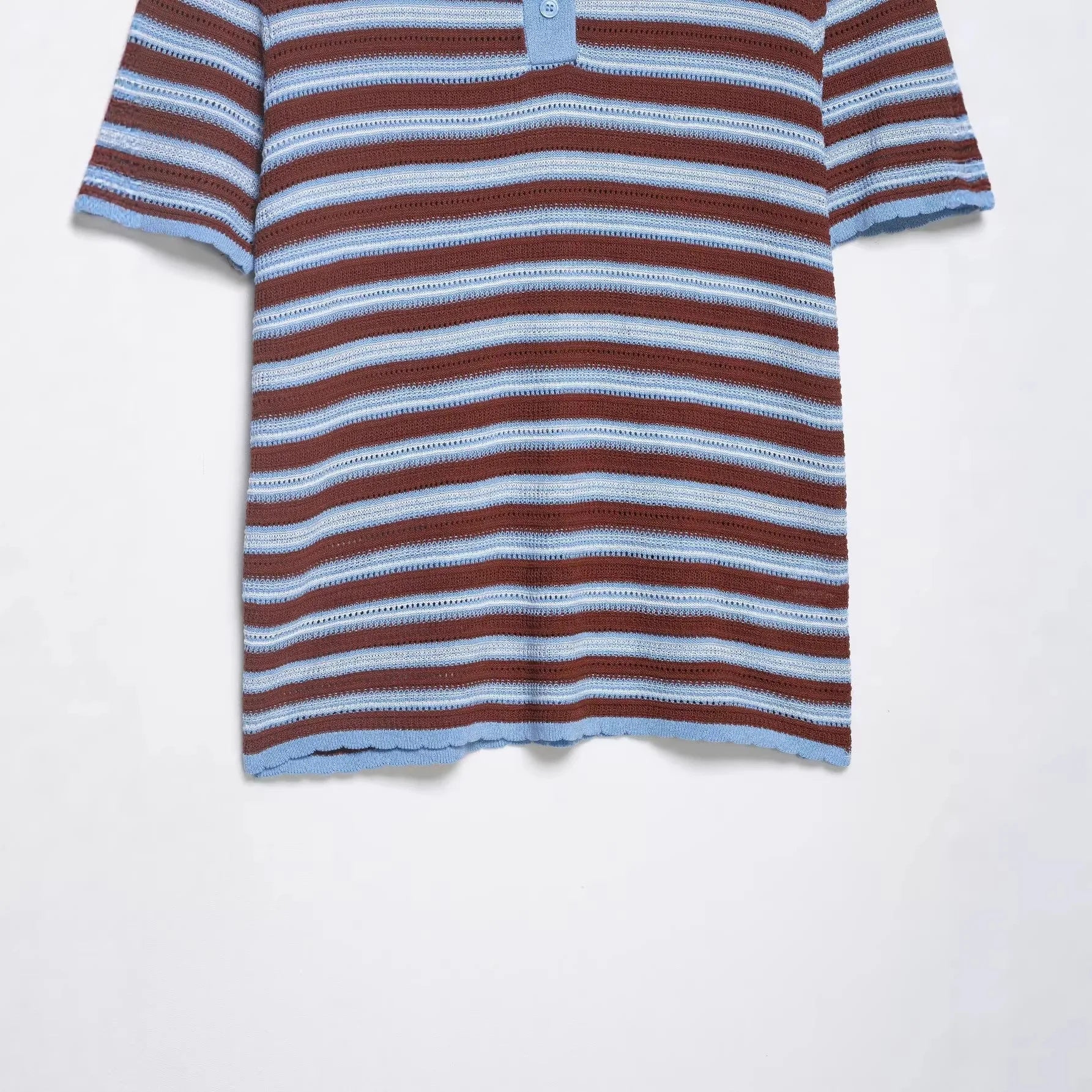 Fashion Casual Striped Knit Polo Shirt Striped Knit Shirt For Women Blue Brown Short Sleeve Hollow Out Casual Summer Top UEZ7