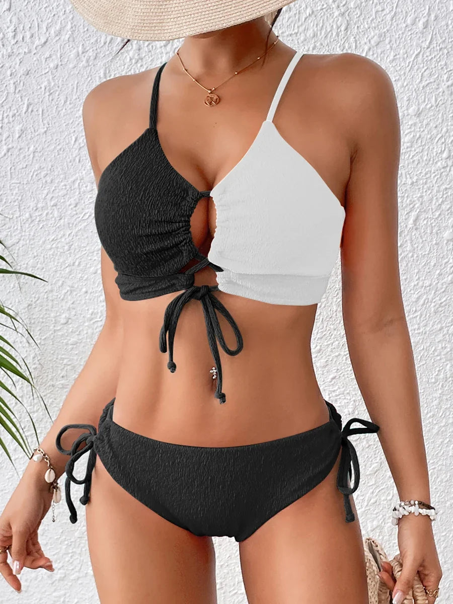 2026 Drawstring Triangle Bikini Women Sexy Color Block Swimwear Female Strappy Swimsuit Bathers Bathing Swimming Swim Suit