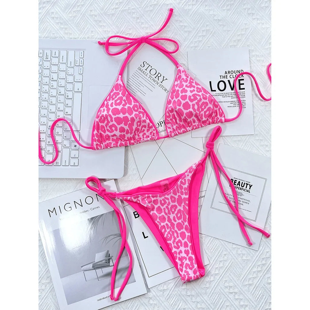 Sexy Leopard Printed Halter Brazilian Bikini Women Swimwear Female Swimsuit Two-Piece Bikini Set Bather Bathing Suit Swim V3681