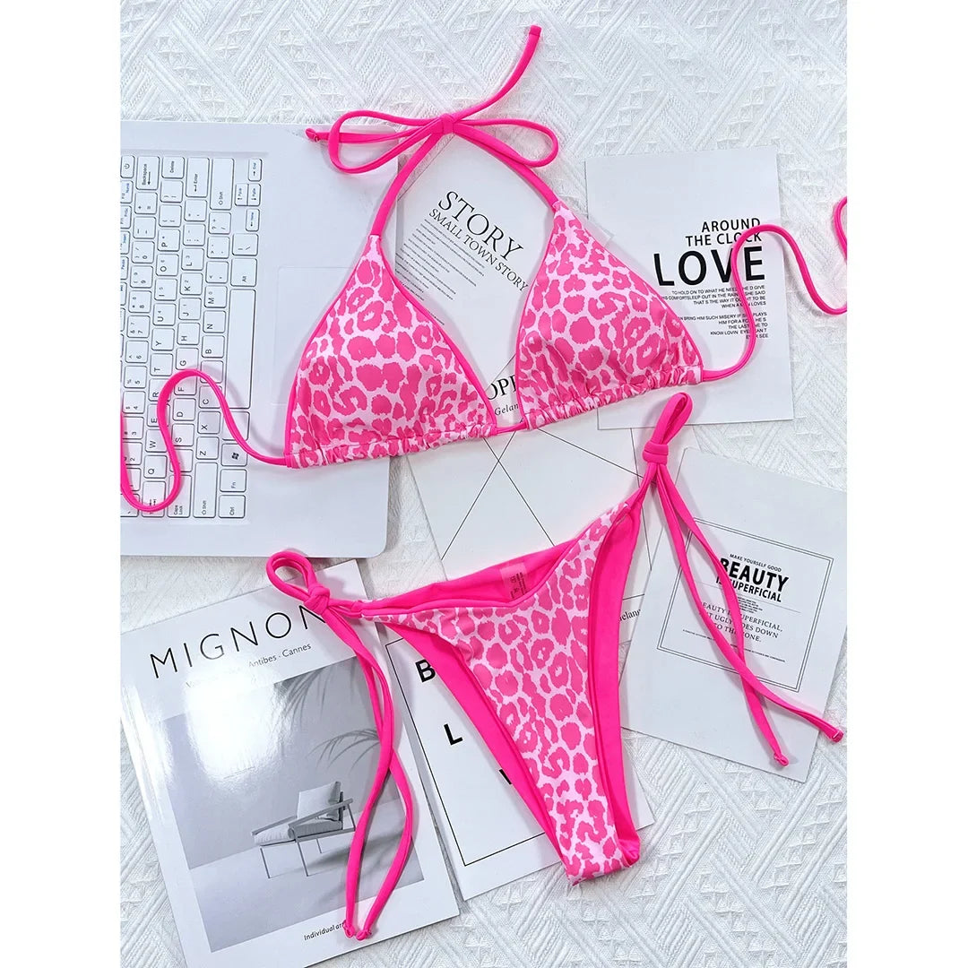 Sexy Leopard Printed Halter Brazilian Bikini Women Swimwear Female Swimsuit Two-Piece Bikini Set Bather Bathing Suit Swim V3681