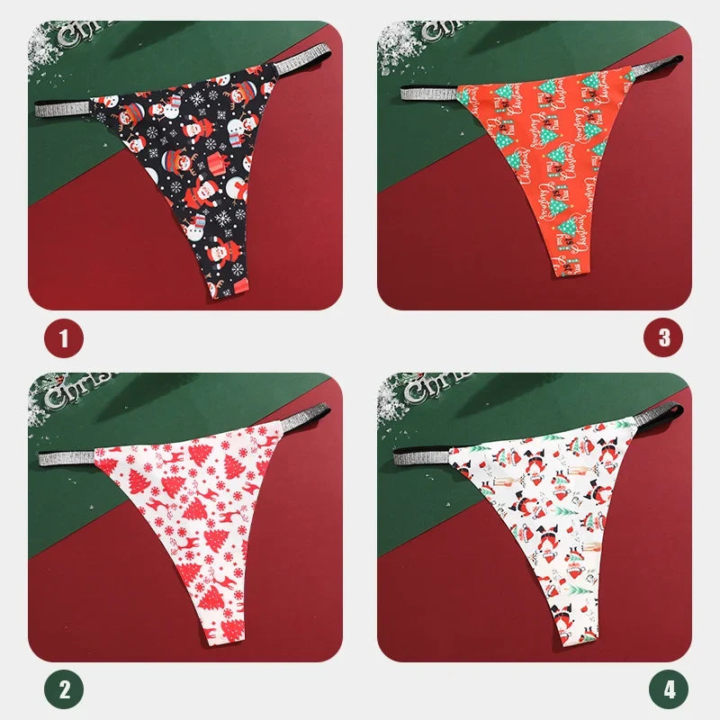 4Pcs Christmas Print Underwear Breathable Shiny Belt Thong Women Skin-friendly Fashionable Casual Christmas Gifts