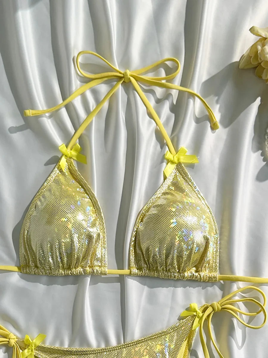 Sparkling Glitter Halter Bow Bikini Female Swimsuit Women Swimwear Two-pieces Bikini Set High Cut Bather Bathing Suit Swim Lady