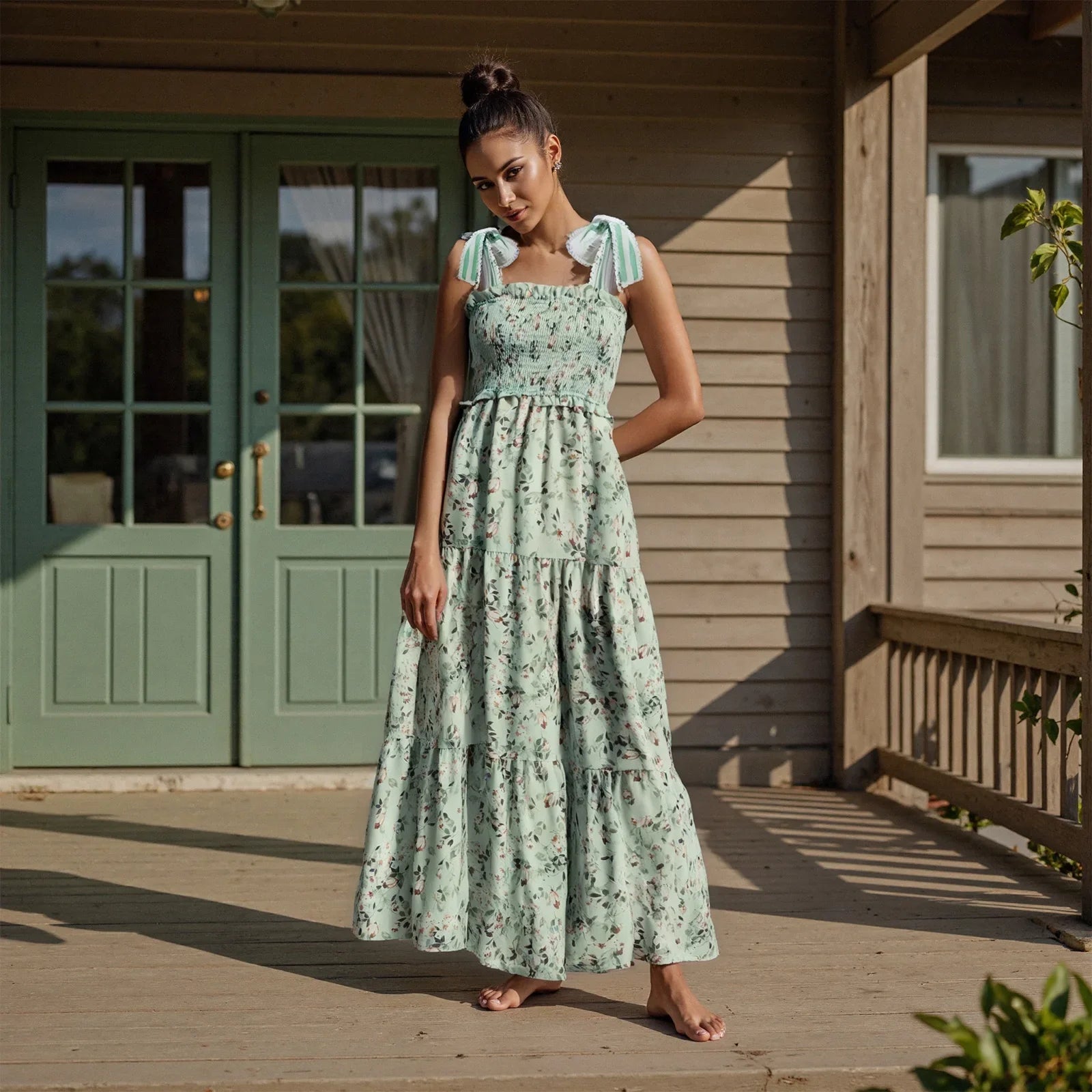 Women Summer Sleeveless Beach Club Long Dresses Casual Tie up Strap Floral Print Ruffled A-Line Party Dress