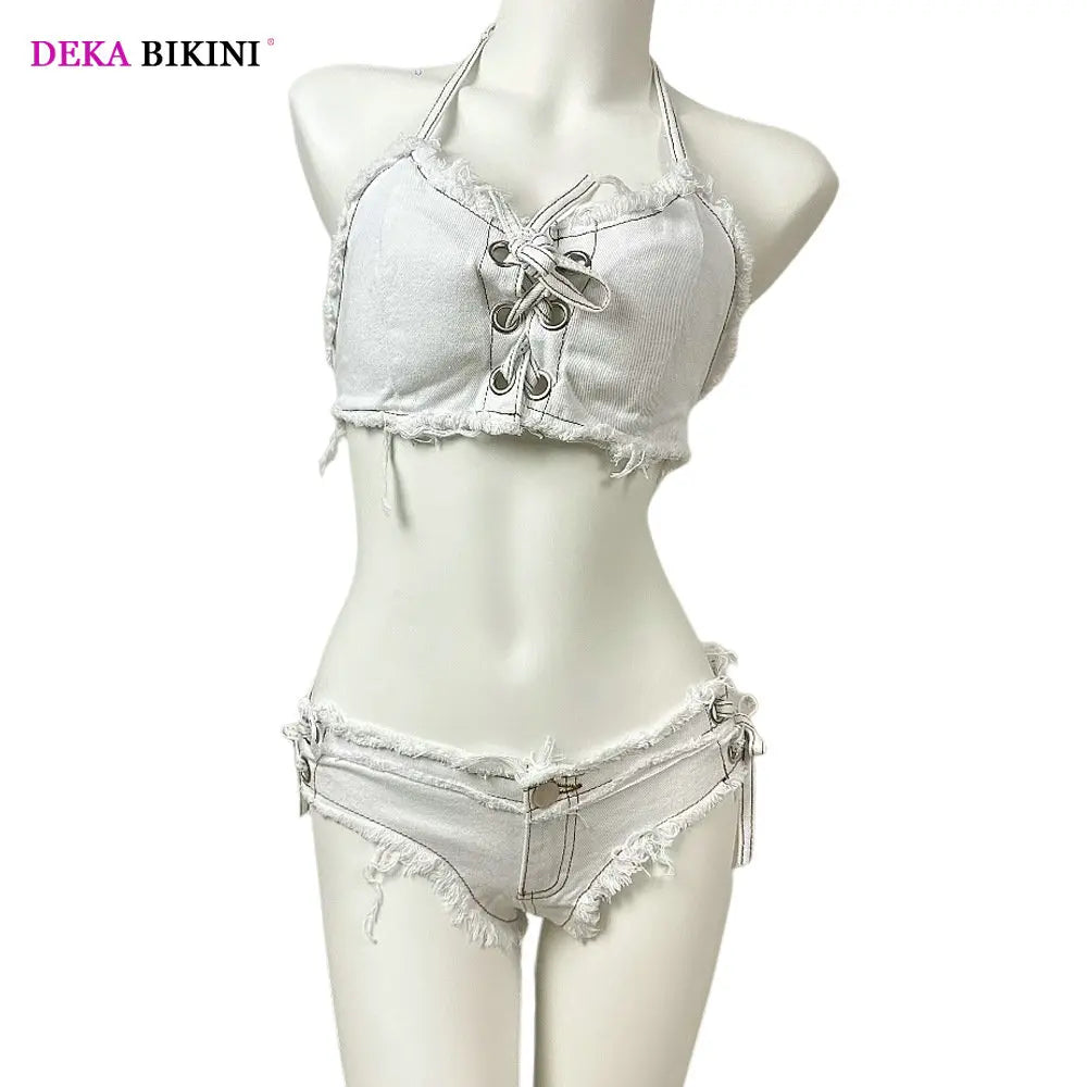 DEKA Women's Bandage Denim Bikini Set Summer New Jeans Shorts Swimwear Bra Beach Play and Bar Nightclub Swimsuit