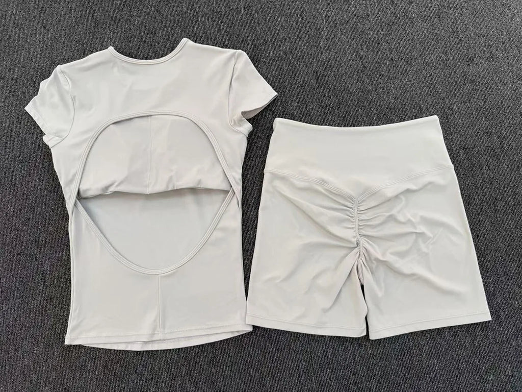 Tight Invisible Wrinkle Yoga Sets Women Short Sleeve O Neck Hollow Back Sports Tank Top Butt-Lifting Shorts Gym Fitness Suits