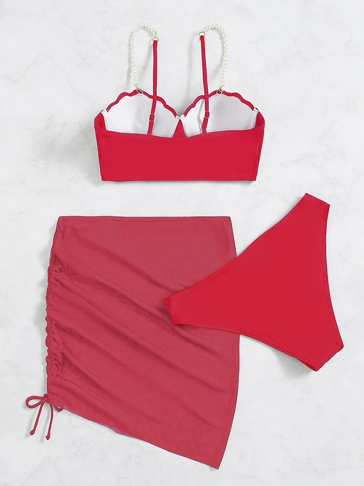 2024 New Sexy 3 Piece Bikinis Set Women Swimsuit with Skirt Swimwear Female Push Up Bikini Beachwear Faux Pearl Bathing Suit