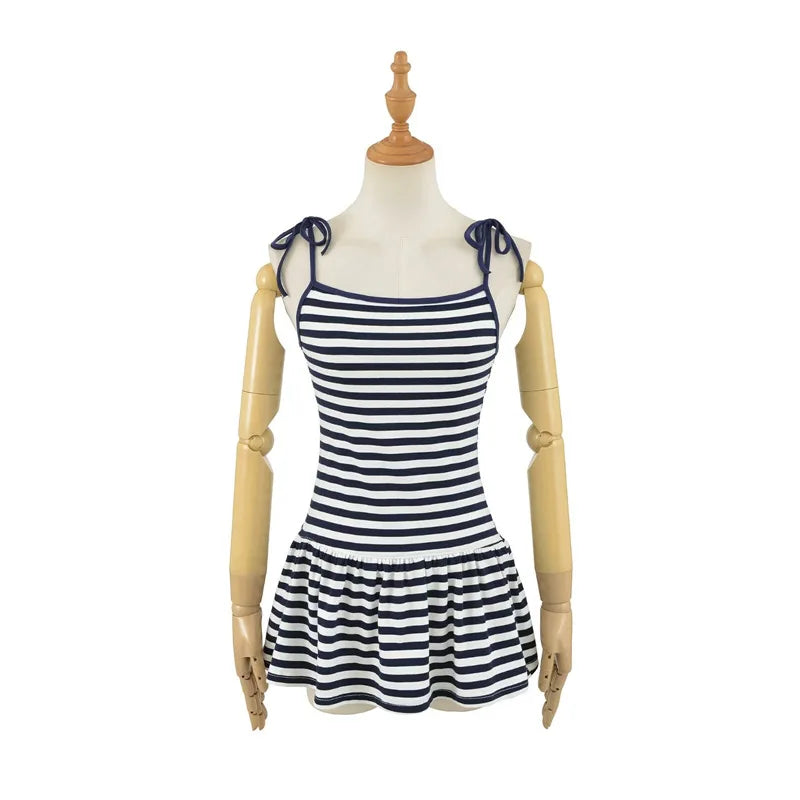 Sweet Double-shoulder Strap Striped Color-block Camisole For Women Unique Design Patchwork Pure Desire Dress Elegant Casual WIKO