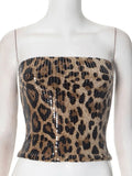Sexy Chic Leopard Printed Corset Tops Women's Fashion Skinny Zip-up Sequins Crop Tops Strapless Night Club Outfit Streetwear