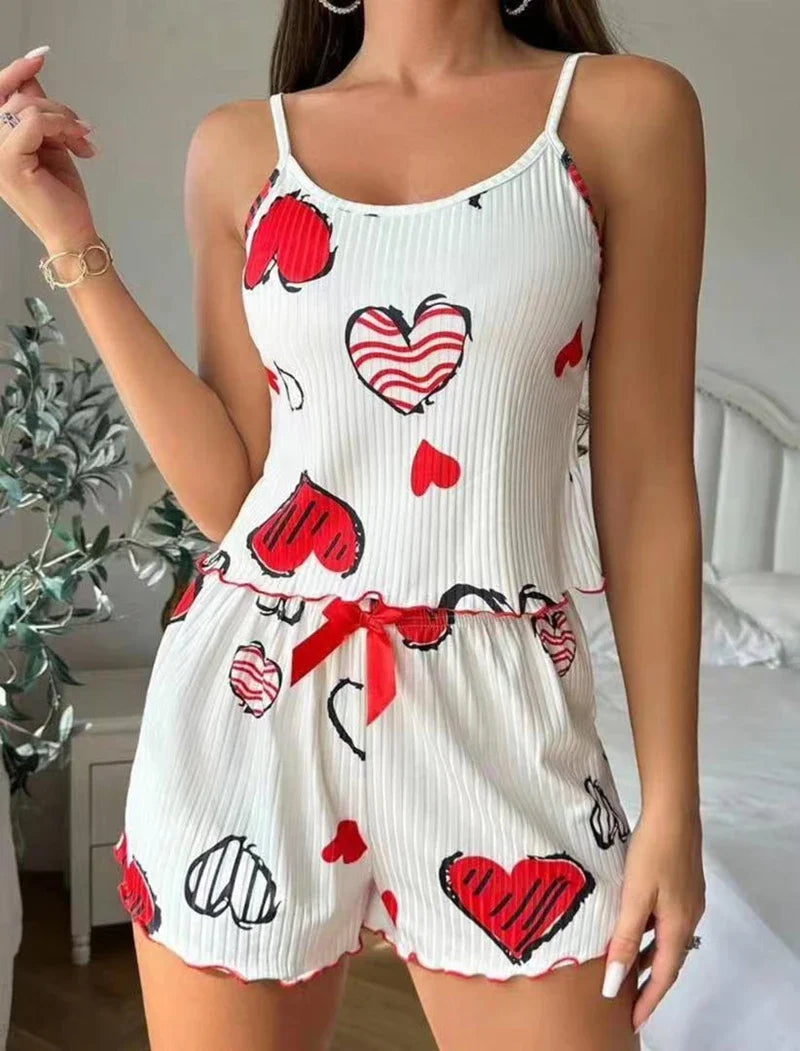 Soft Strawberry Print Pajama Set Frill Trim Slip Cami Top And Bow Decor Shorts Loose Cute Style Fit Women's Sleepwear Nightwear