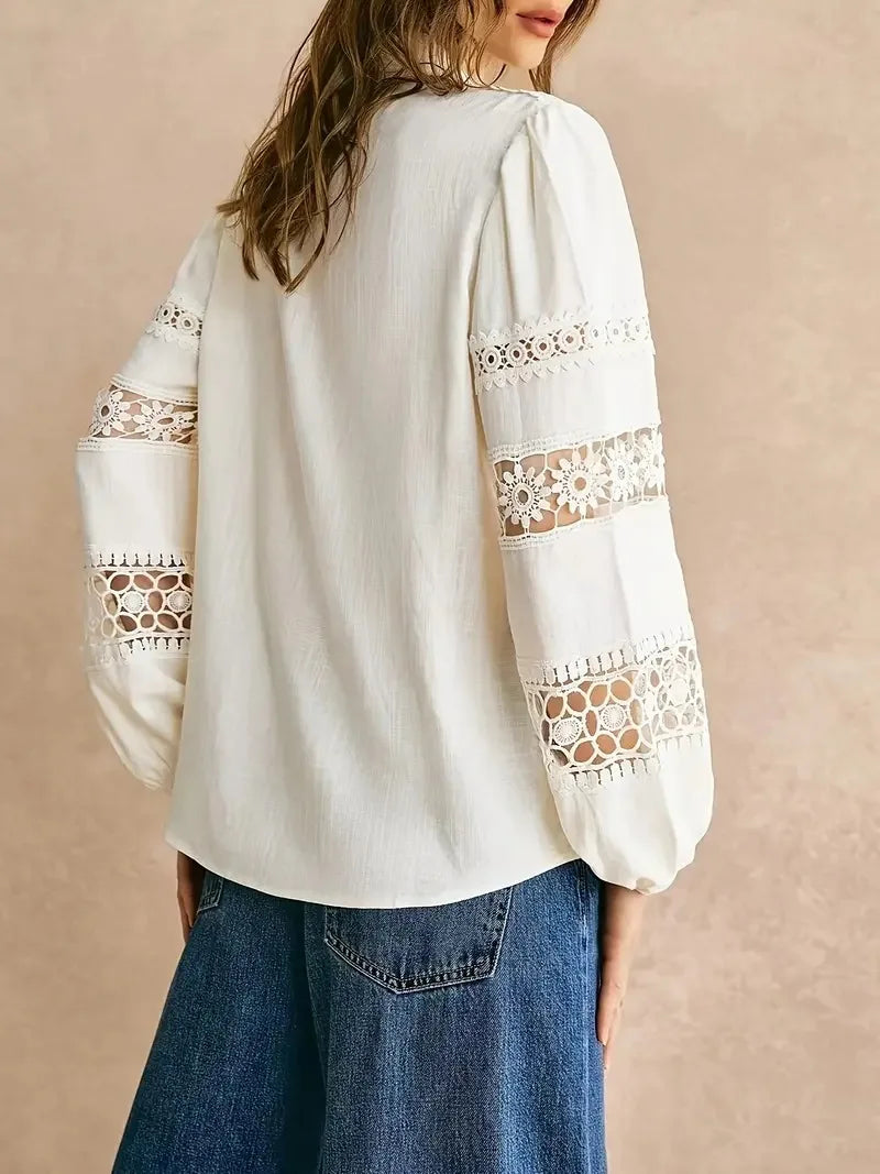 2026 New Elegant Lace Patchwork Long Sleeve Blouse Women Hollow Out Lace Trim Office Lady Commute Casual Shirt Top