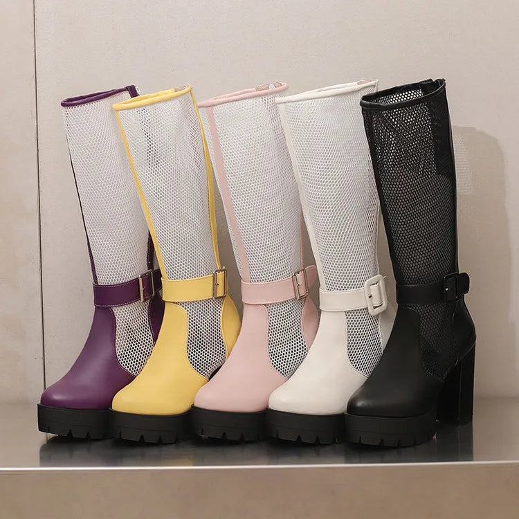 Plus Size Mesh Fabric Splicing PU High Socks Boots Ankle Buckle Ultra Thick Heel Back Zipper Breathable Summer Knee High Boots