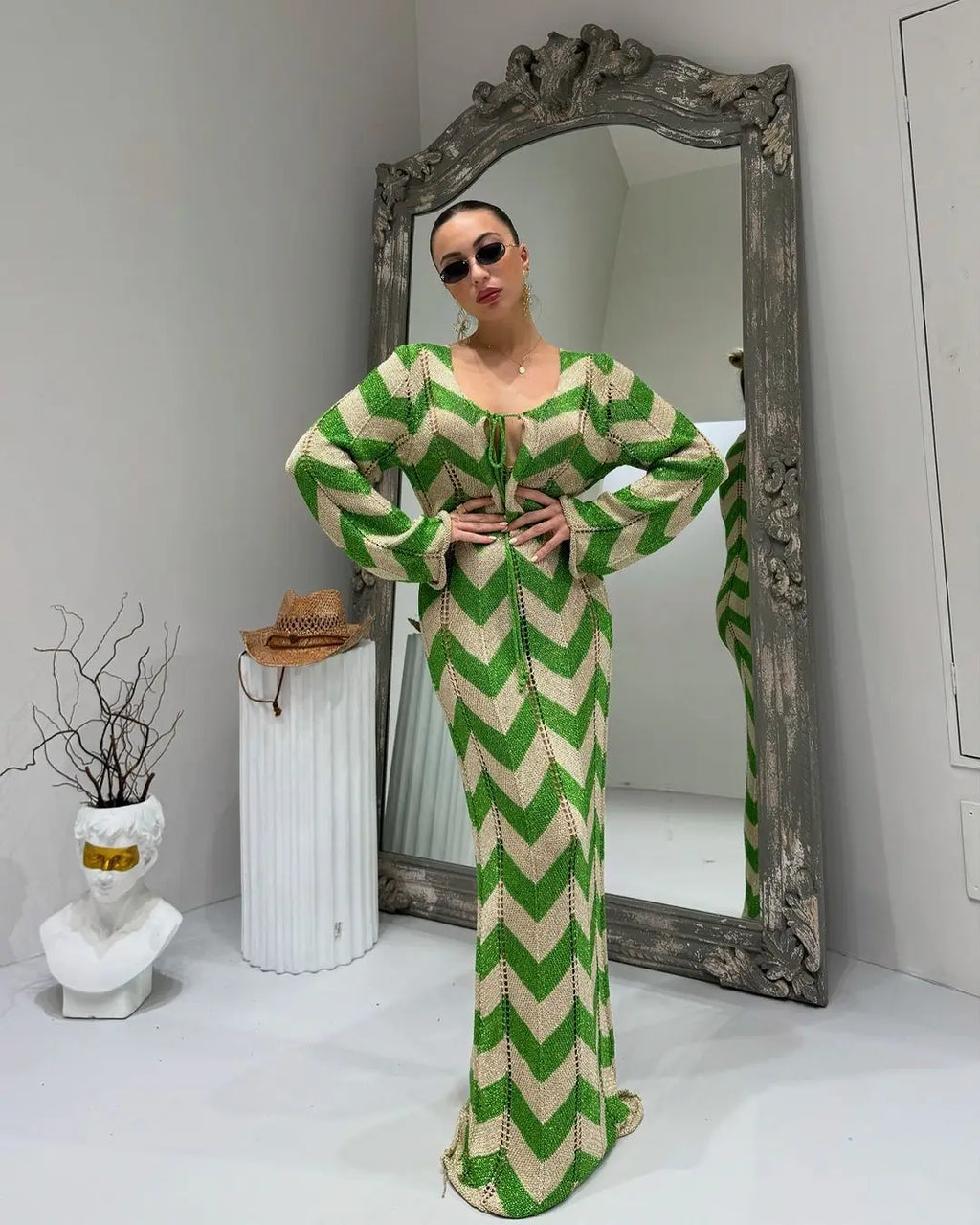 Knitted Dress Leace-up Vestido Dresses 2025 Woman Beach Hollow Out Slim Vacation Beachwear Temperament Long Sleeves Holiday Sexy