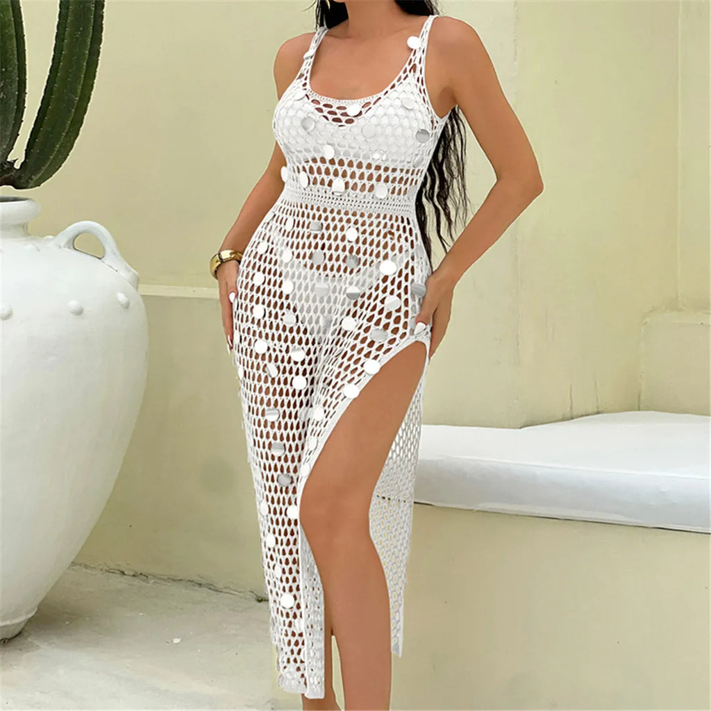 Shiny Sequins Hollow Out Crochet Knitted Tunic Beach Cover Up Cover-ups Beach Dress Mini Beach Wear Beachwear Female Women K6685