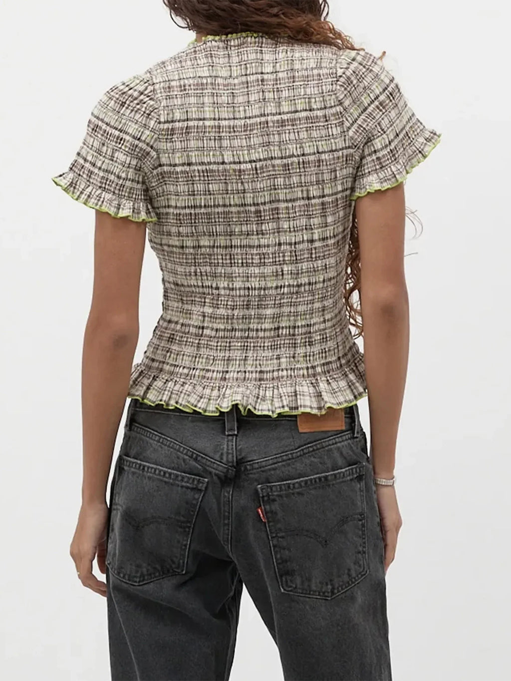 Women Casual Summer Plaid Print Shirred Tops Slim Mock Neck Short Sleeve Crop Ruffle T-shirts Streetwear