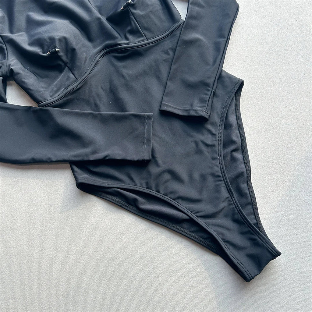 2026 Long Sleeve With Zipper Solid Women Swimwear One Piece Swimsuit Female Padded High Leg Cut Bather Bathing Suit Swim V7752