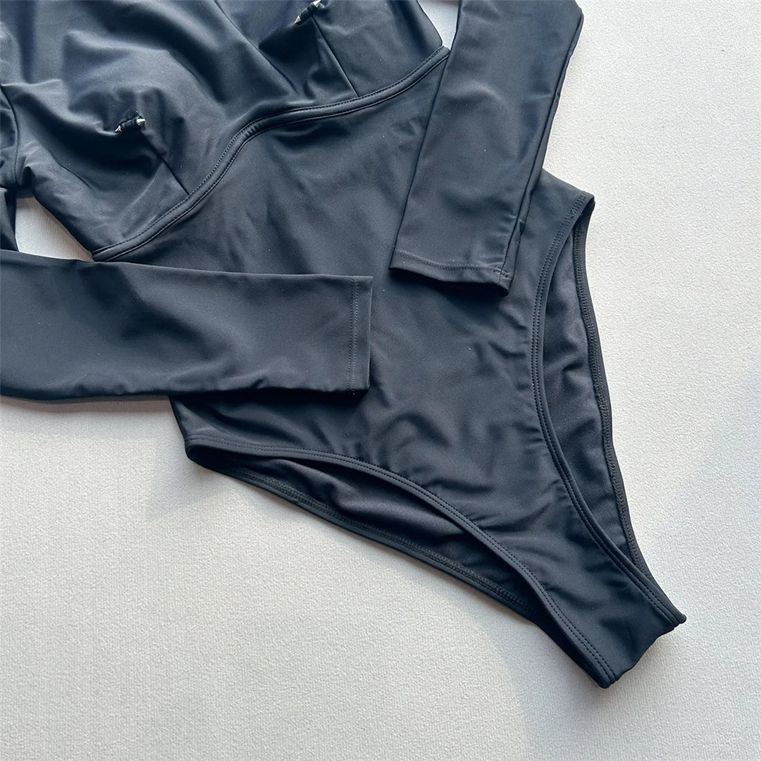 2026 Long Sleeve With Zipper Solid Women Swimwear One Piece Swimsuit Female Padded High Leg Cut Bather Bathing Suit Swim V7752