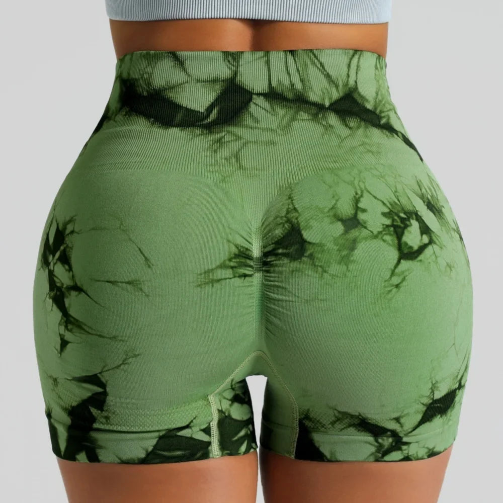 Tie Dye High Waisted Butt Lifting Yoga Shorts for Women, Breathable Sport Shorts with Four-Way Stretch - Gym, Running, Workout