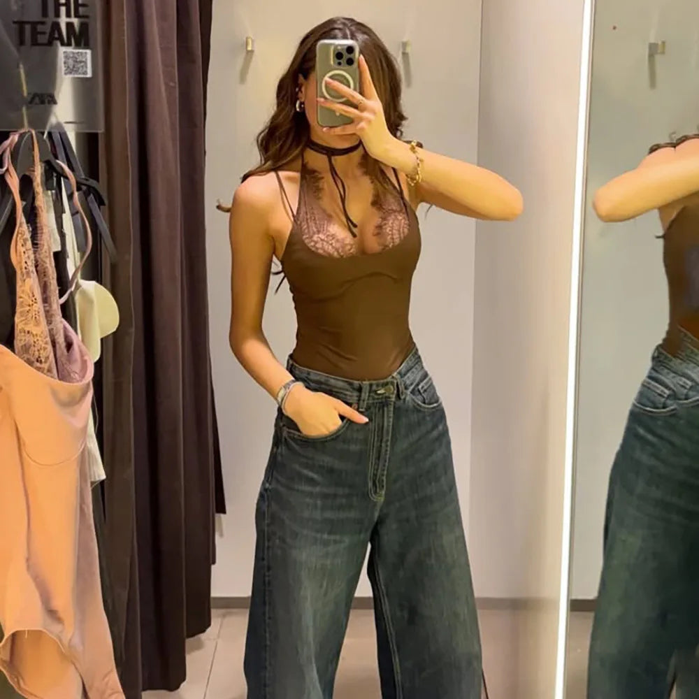 FDYOUI Women Sexy Sleeveless Lace Patchwork Pink Bodysuits 2026 Summer Halter Lace-up Backless One Piece Party Club Jumpsuit Top