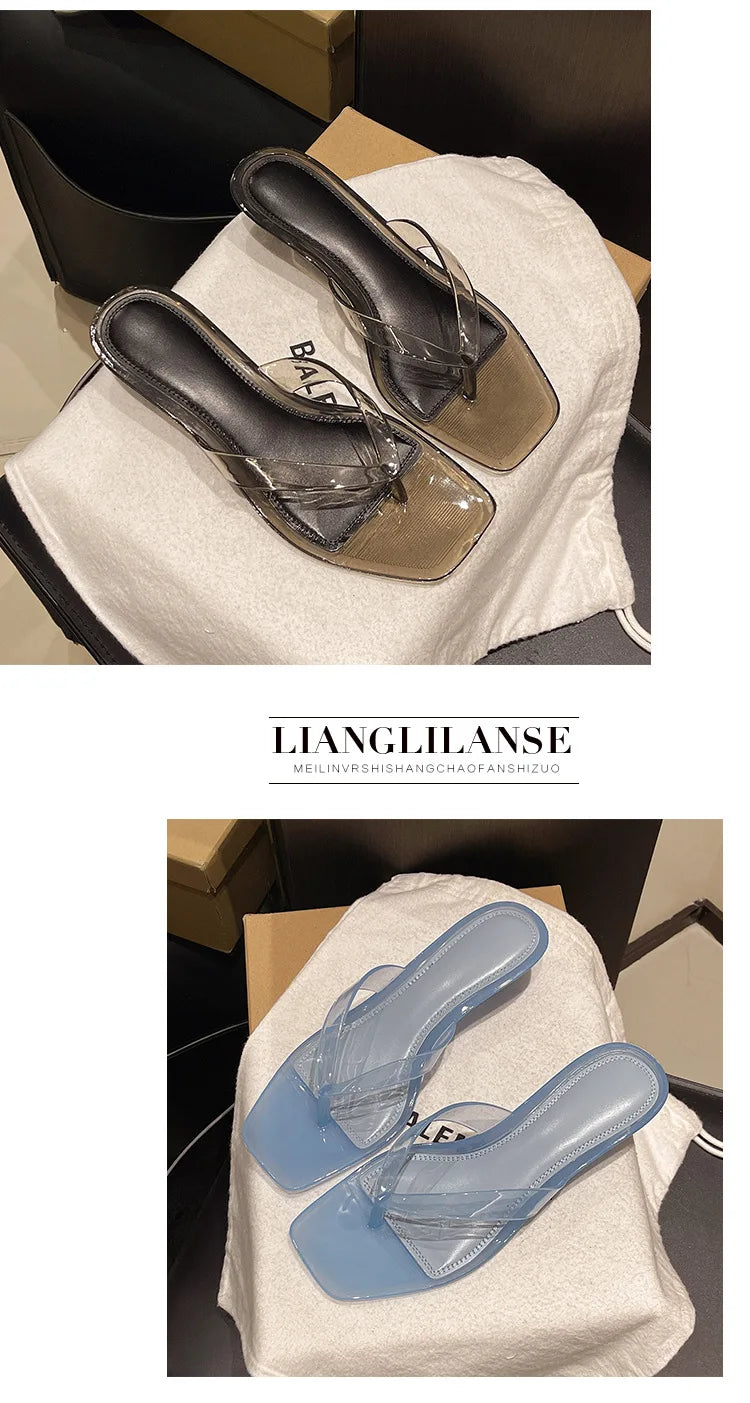 2026 Summer Jelly Shoes Women Fashion Sandals Low Heel Square Toe Girls Street Flip Flops Transparent Color Female Slippers