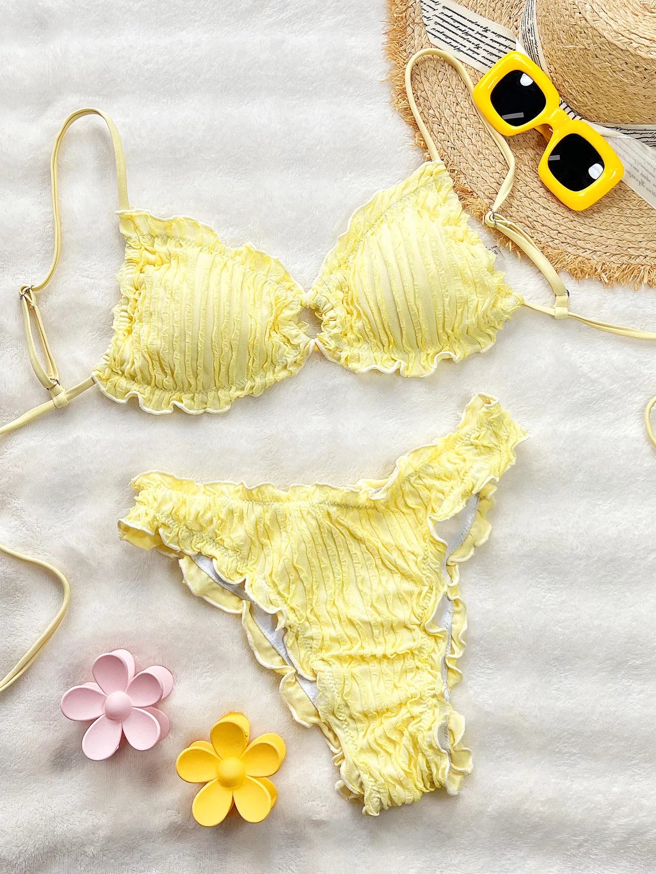 Summer Ruffles High Waist Bikini Set 2026 Women Hollow Out Circle Push Up Bra Two Piece Swimsuit Beach Bathing Suit Swimwear